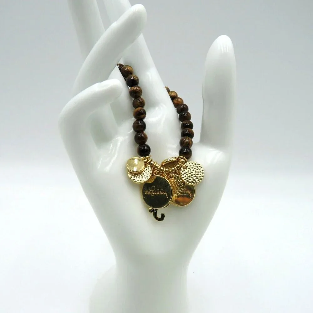 Lilly Pulitzer Bracelet Tigers Eye Beads Gold Tone Charms Rhinestones Stretch - Picture 1 of 6